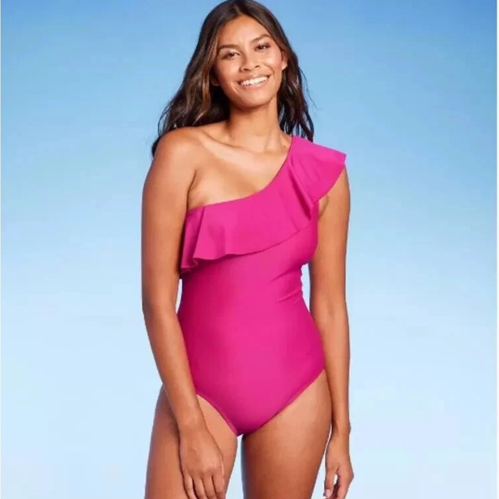 Kona Sol Women's Ruffle One Shoulder Full Coverage One Piece Swimsuit Pink M